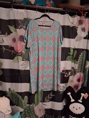 Ruby Rd. Teal and Coral Geometric Midi Dress